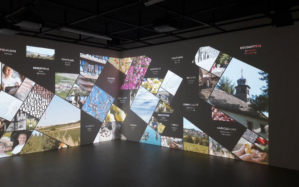 Salle immersive avec projections murales panoramiques thématiques
